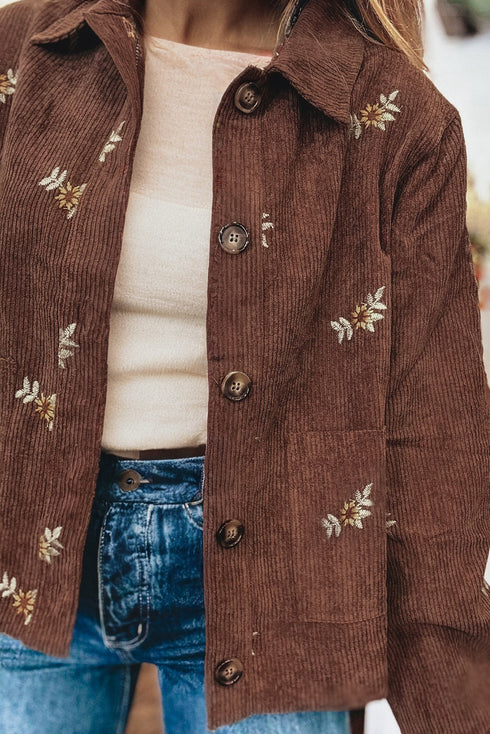 Floral Embroidered Wide Wale Corduroy Button Front Patch Pocket Jacket